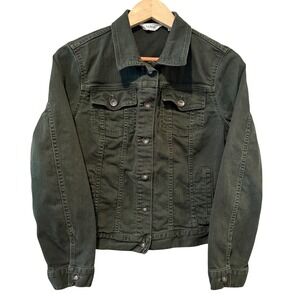 LL Bean Womens Denim Trucker Jacket Dark Olive Green Cotton Stretch
